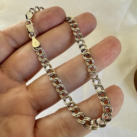 VTG Sterling Silver 925 Double Link Charm Bracelet Lobster Claw Clasp 8'' Length - Picture 3 of 9